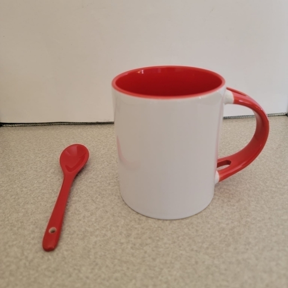 RED & WHITE CERAMIC MUG & spoon set, 11oz, white, coffee mug, New in box - Picture 2 of 4